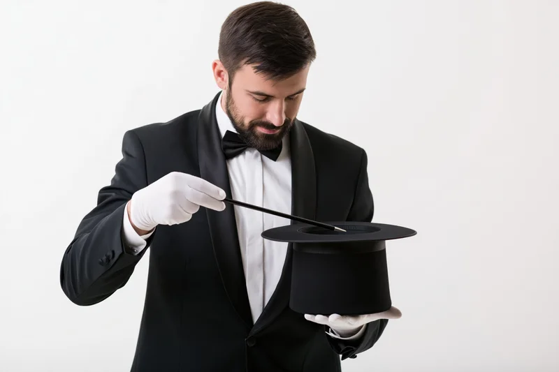 Male magician in tuxedo holding top hat and wand, performing trick against white background