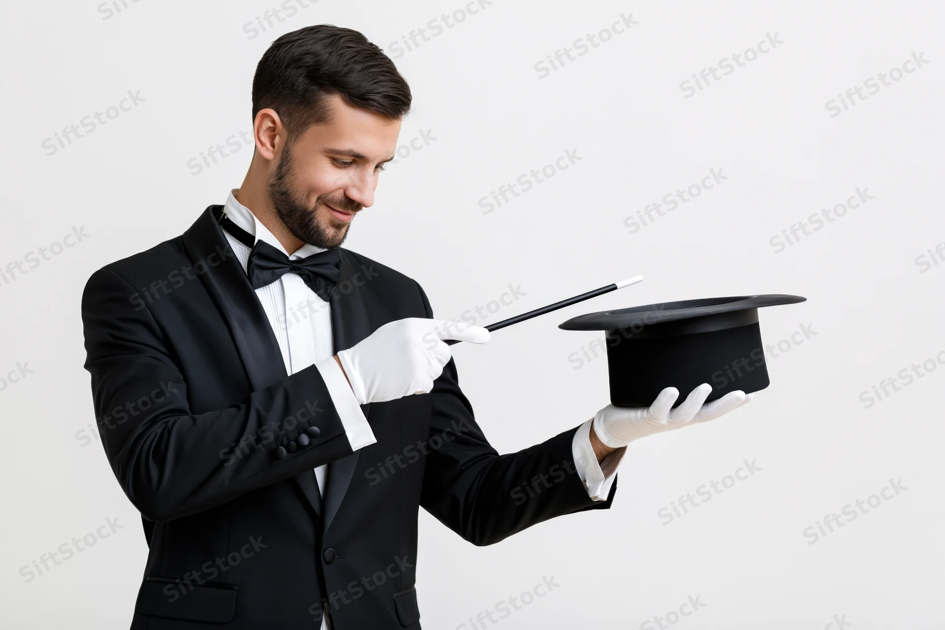 Male magician in tuxedo holding top hat and wand, performing trick against white background