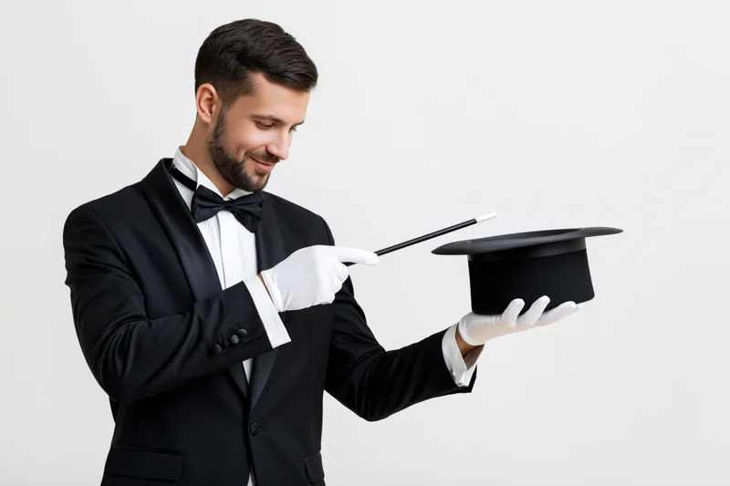 Male magician in tuxedo holding top hat and wand, performing trick against white background