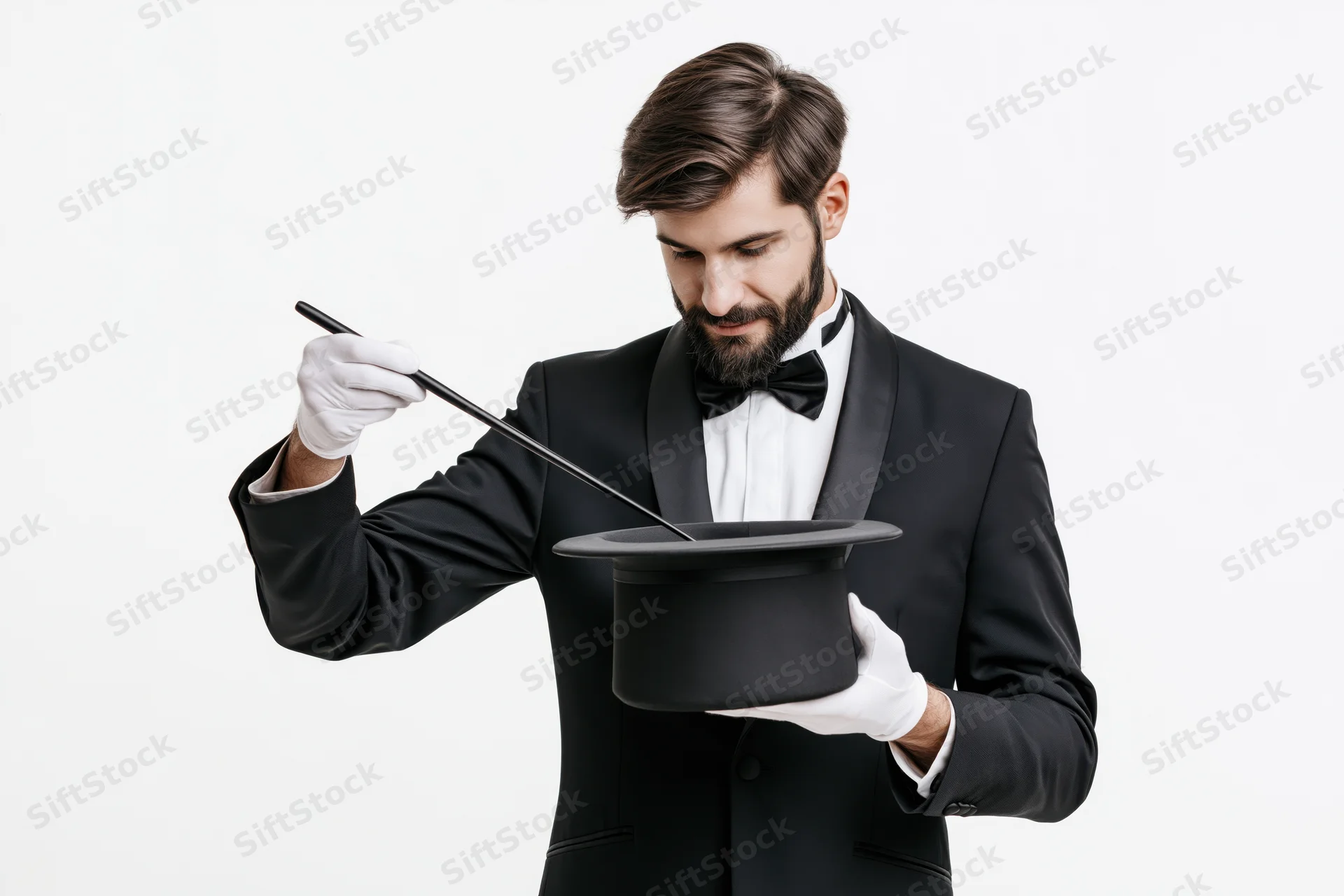 Young bearded man in tuxedo holding top hat and wand, performing magic trick against white background