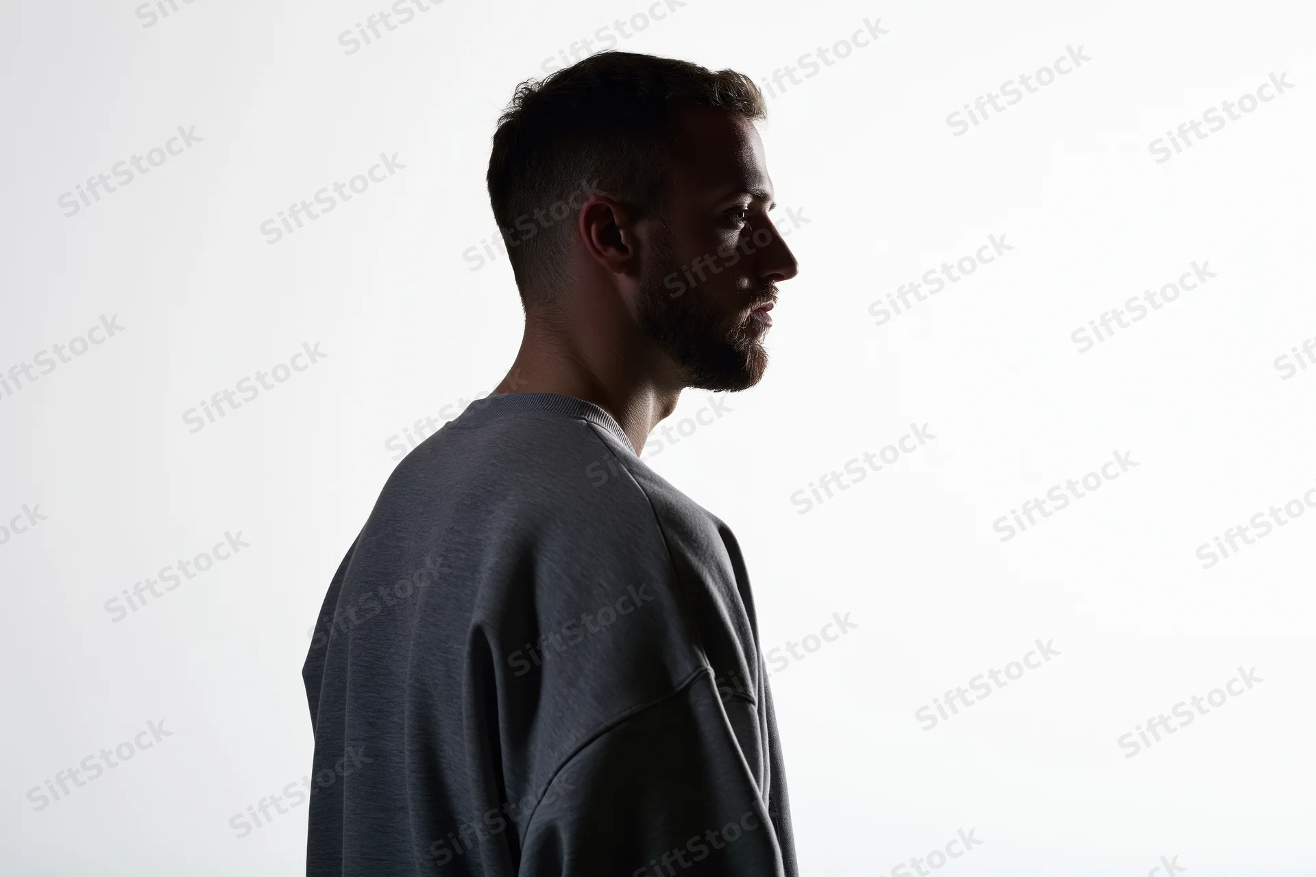 Man in profile with beard wearing gray sweatshirt against white background