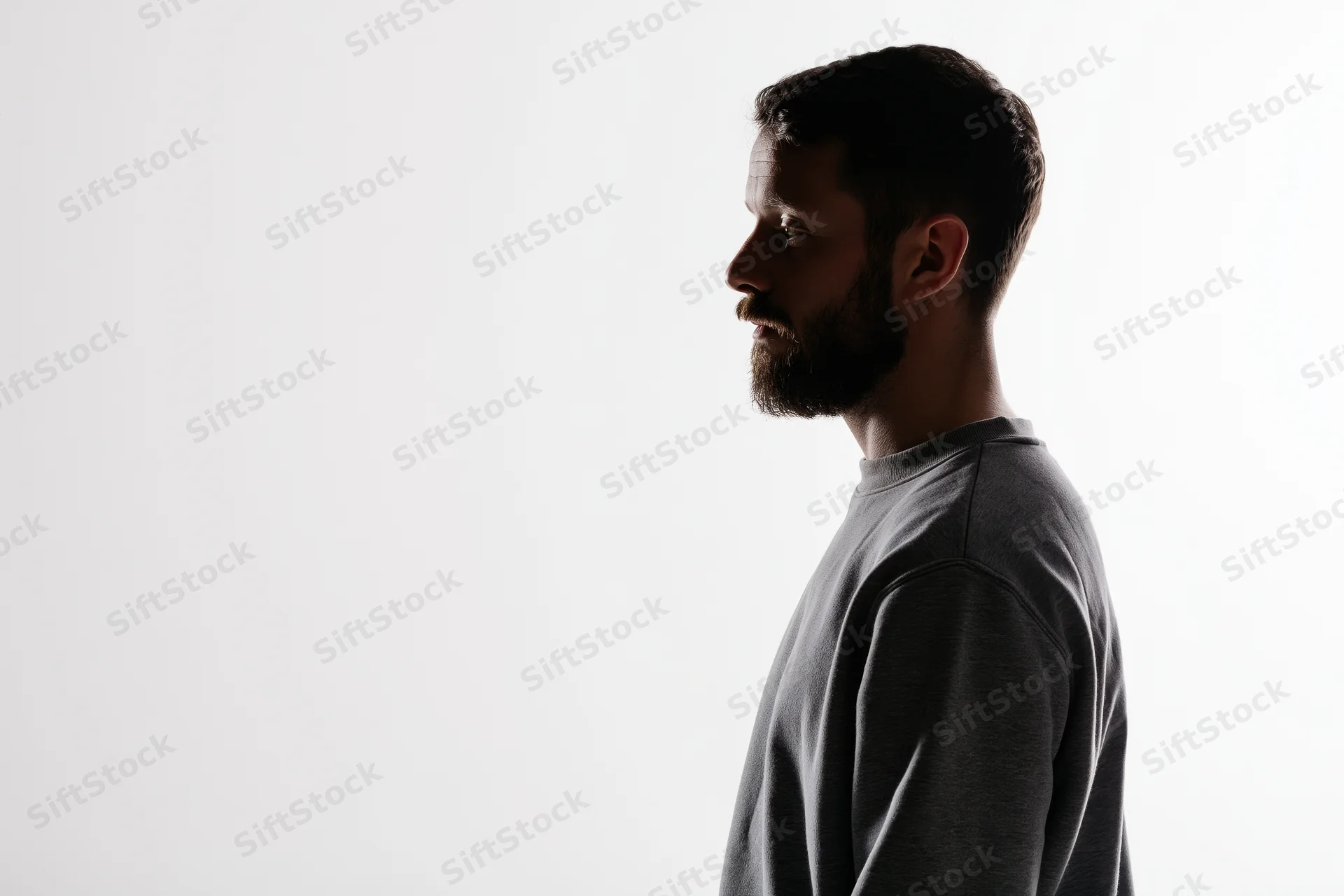 Bearded man in three-quarter back profile against white background with copyspace