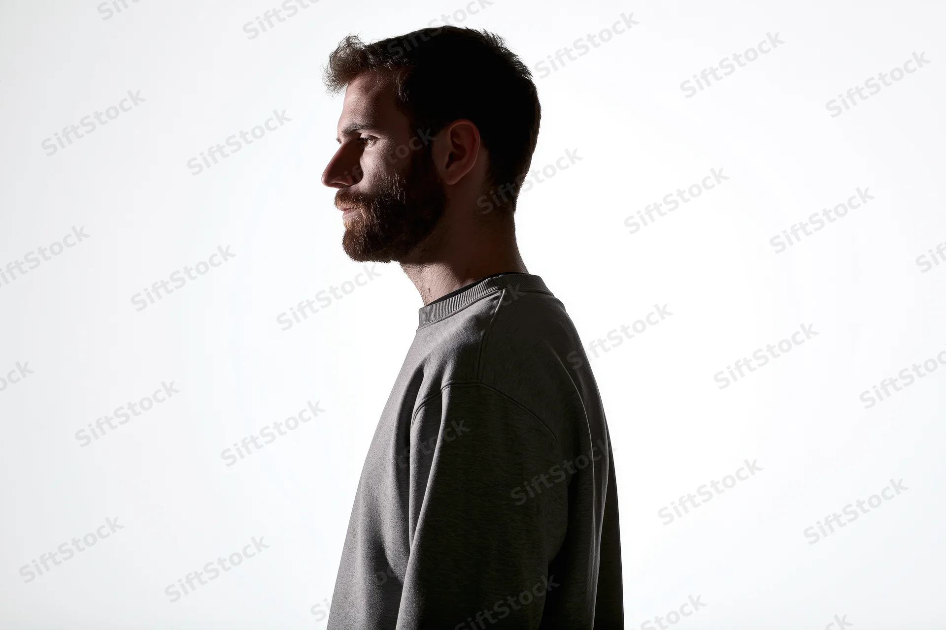 Bearded man in profile view wearing gray sweater against white background