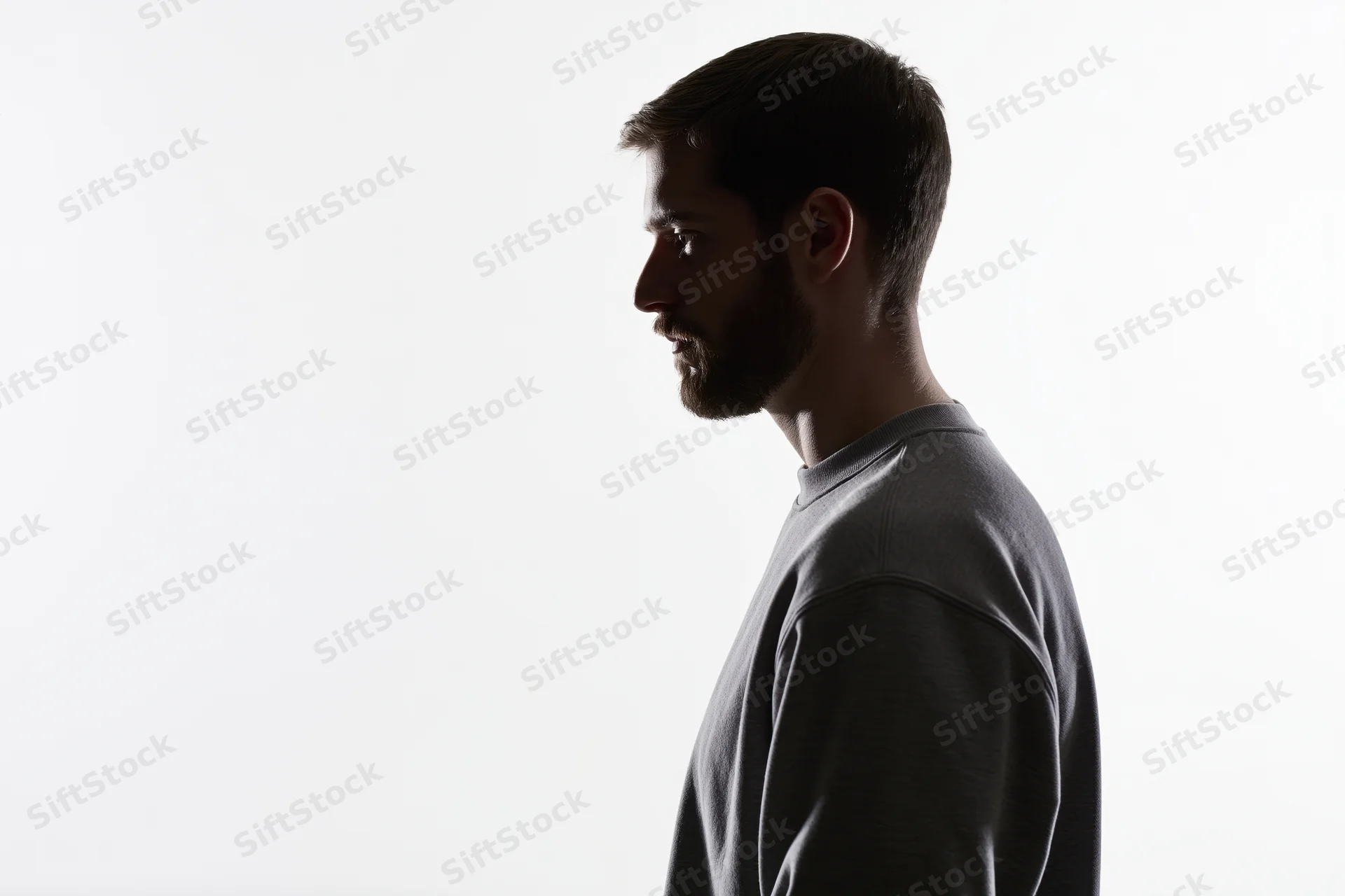 Bearded man in profile silhouette against white background with copyspace