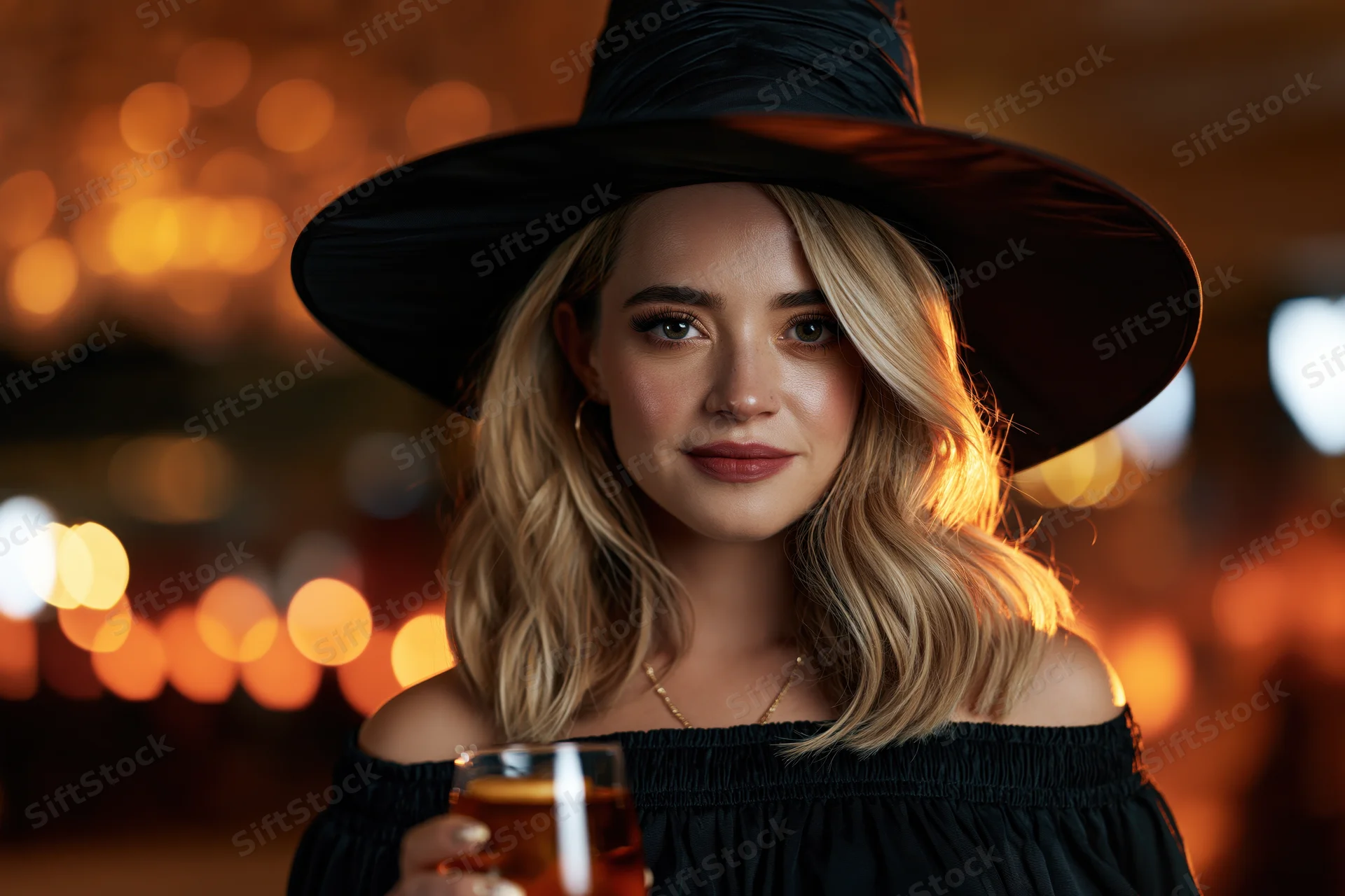 Young blonde woman in black witch costume holding drink at halloween party
