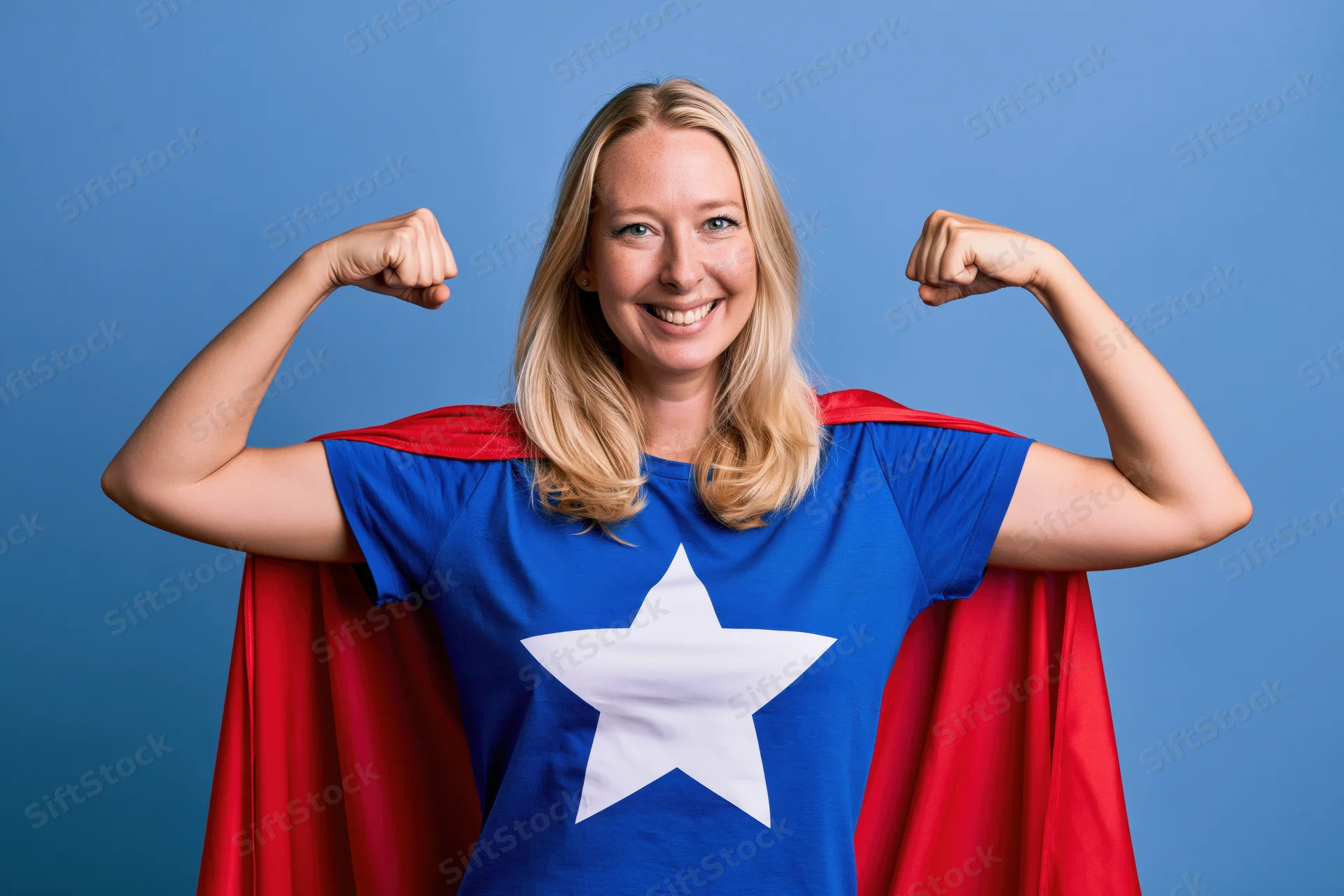 Blonde woman in superhero costume flexing both arms against blue background