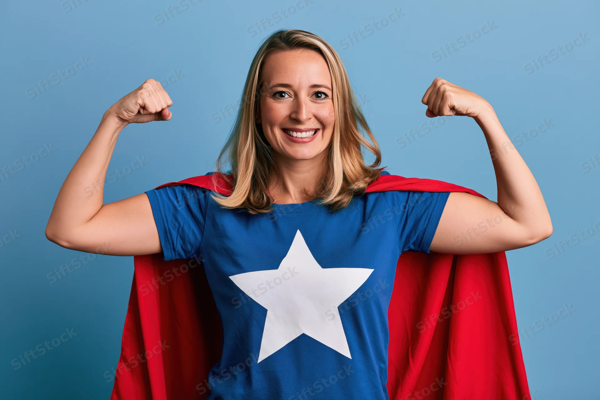 Woman in superhero costume flexing both arms against blue background