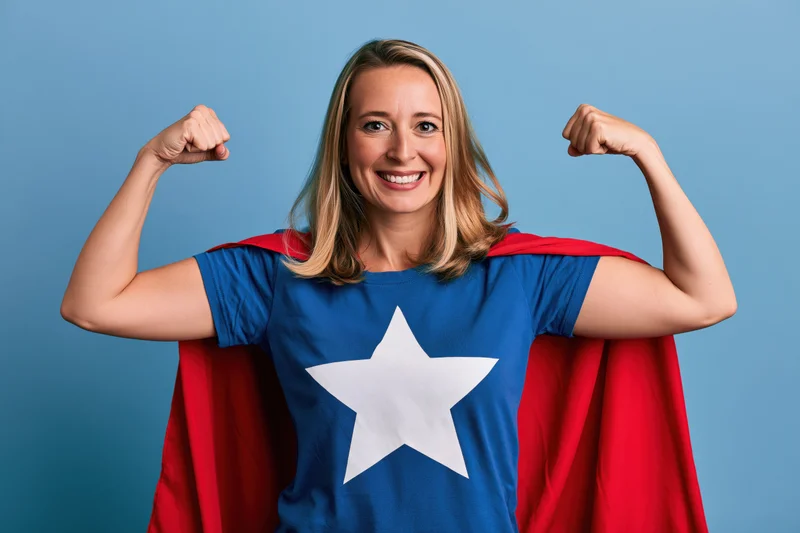 Woman in superhero costume flexing both arms against blue background