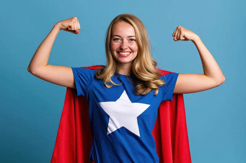Young blonde woman in superhero costume flexing both arms against blue background