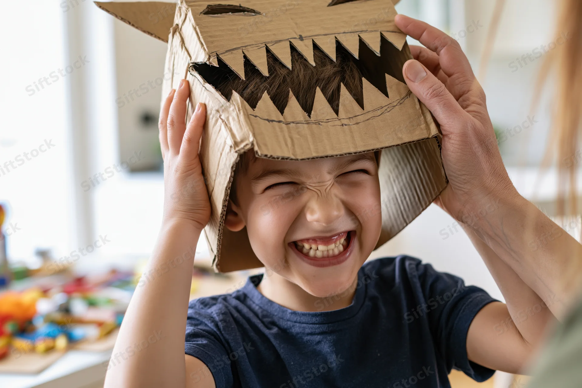 Young boy smiling with handmade cardboard monster mask on his head during craft activity at home