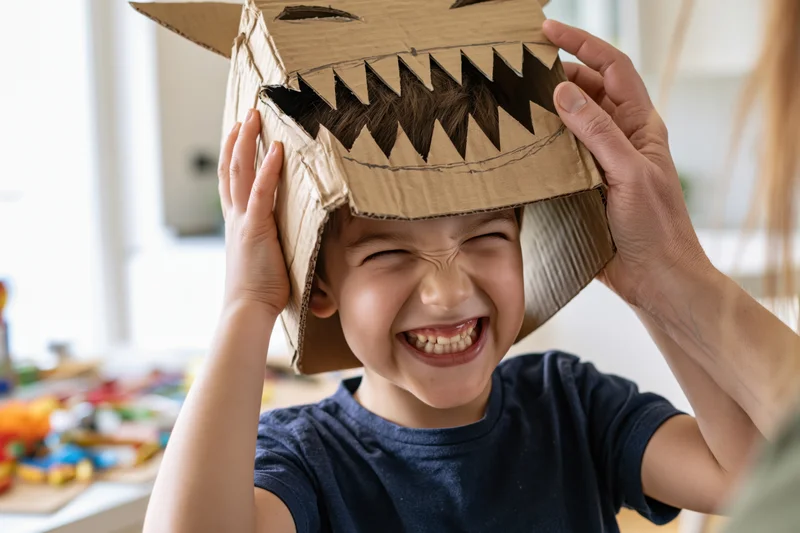 Young boy smiling with handmade cardboard monster mask on his head during craft activity at home