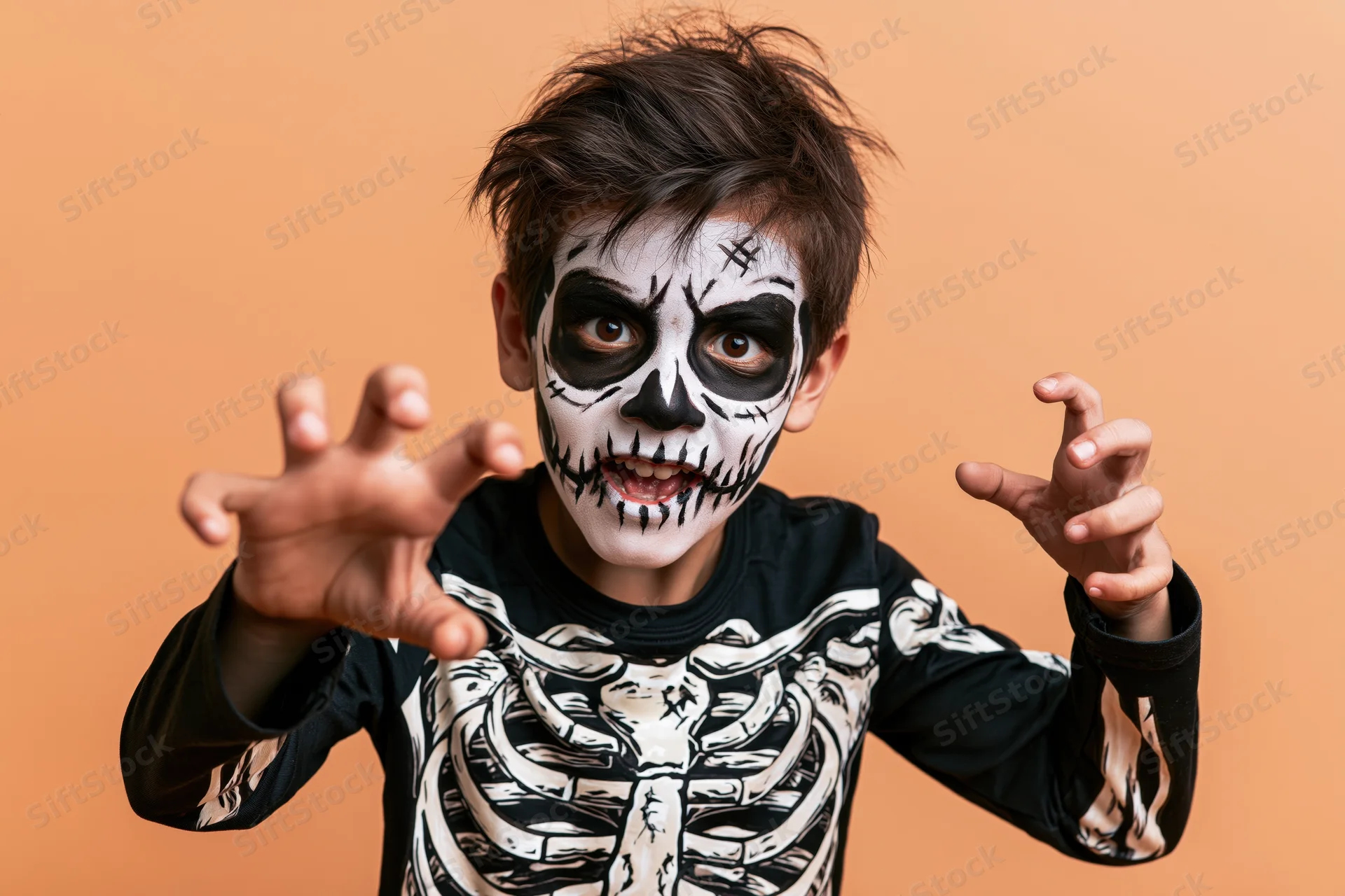 Young boy in skeleton costume with face paint making claw gestures against orange background