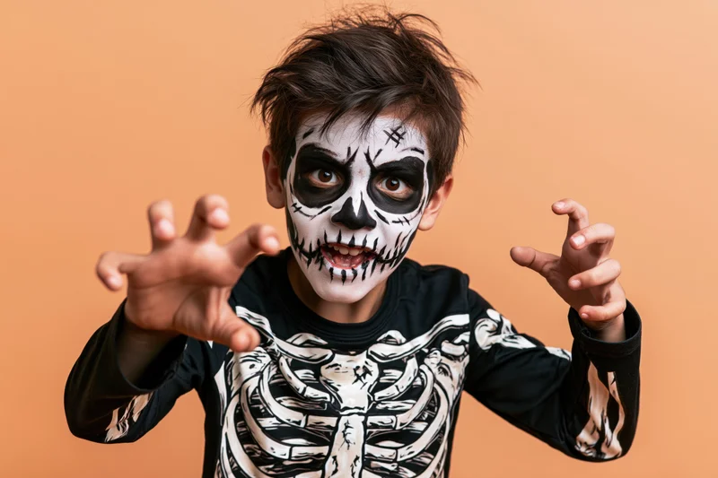 Young boy in skeleton costume with face paint making claw gestures against orange background