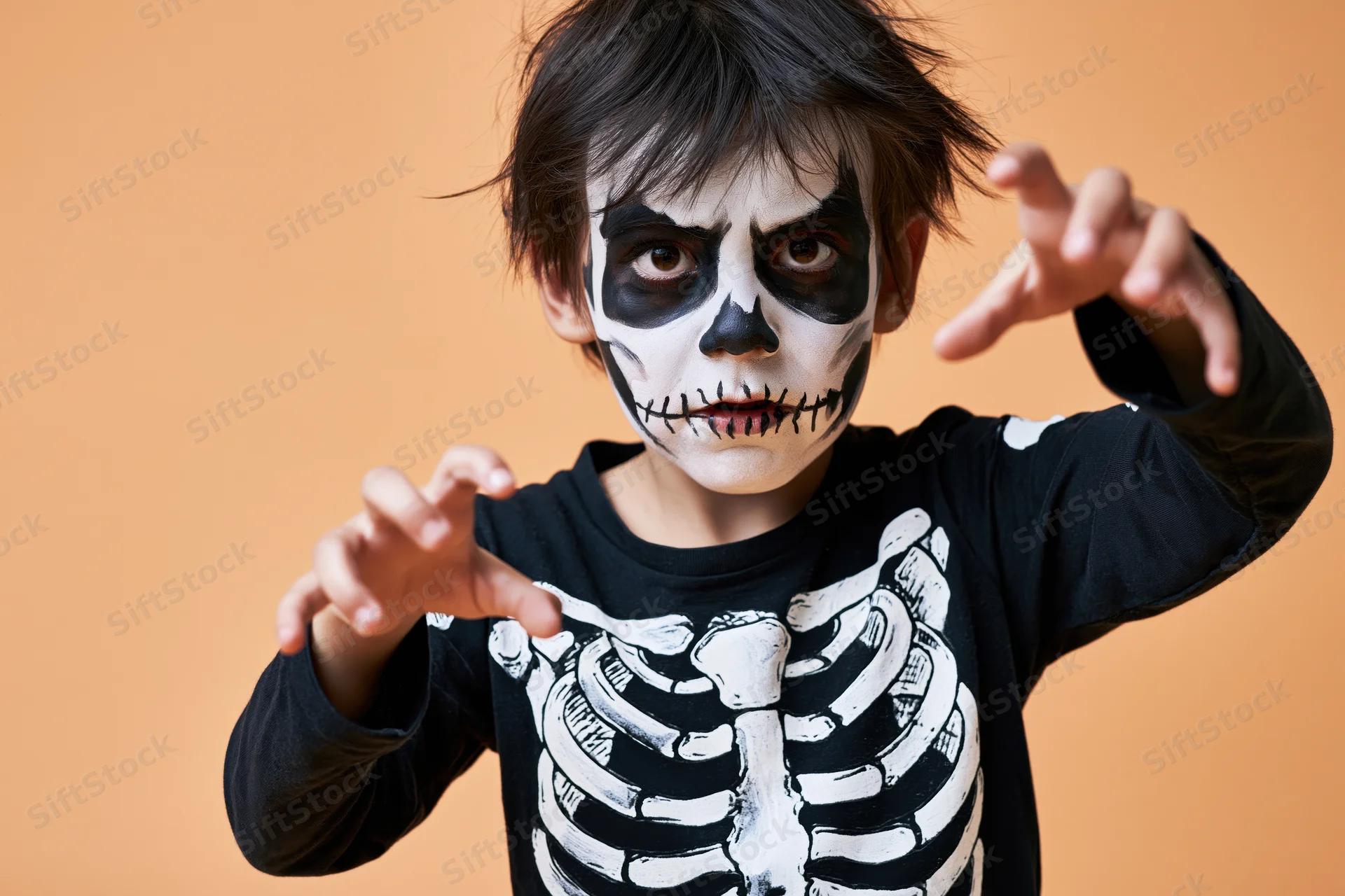 Young boy in skeleton costume making claw gesture against orange background