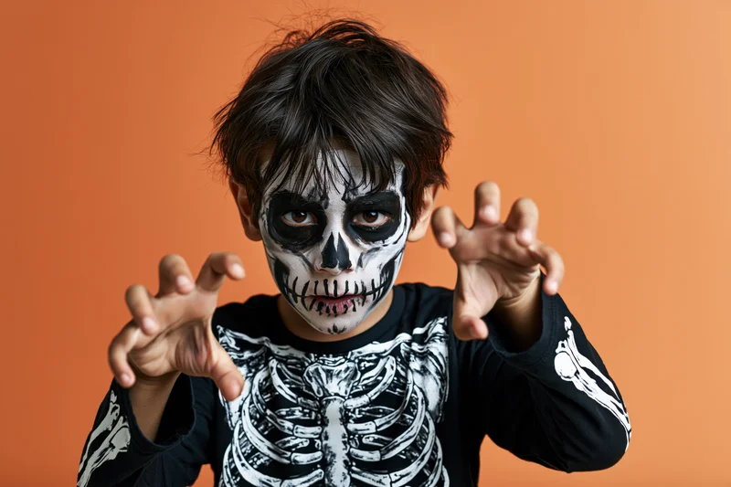 Young boy in skeleton costume with face paint making claw gestures against orange background