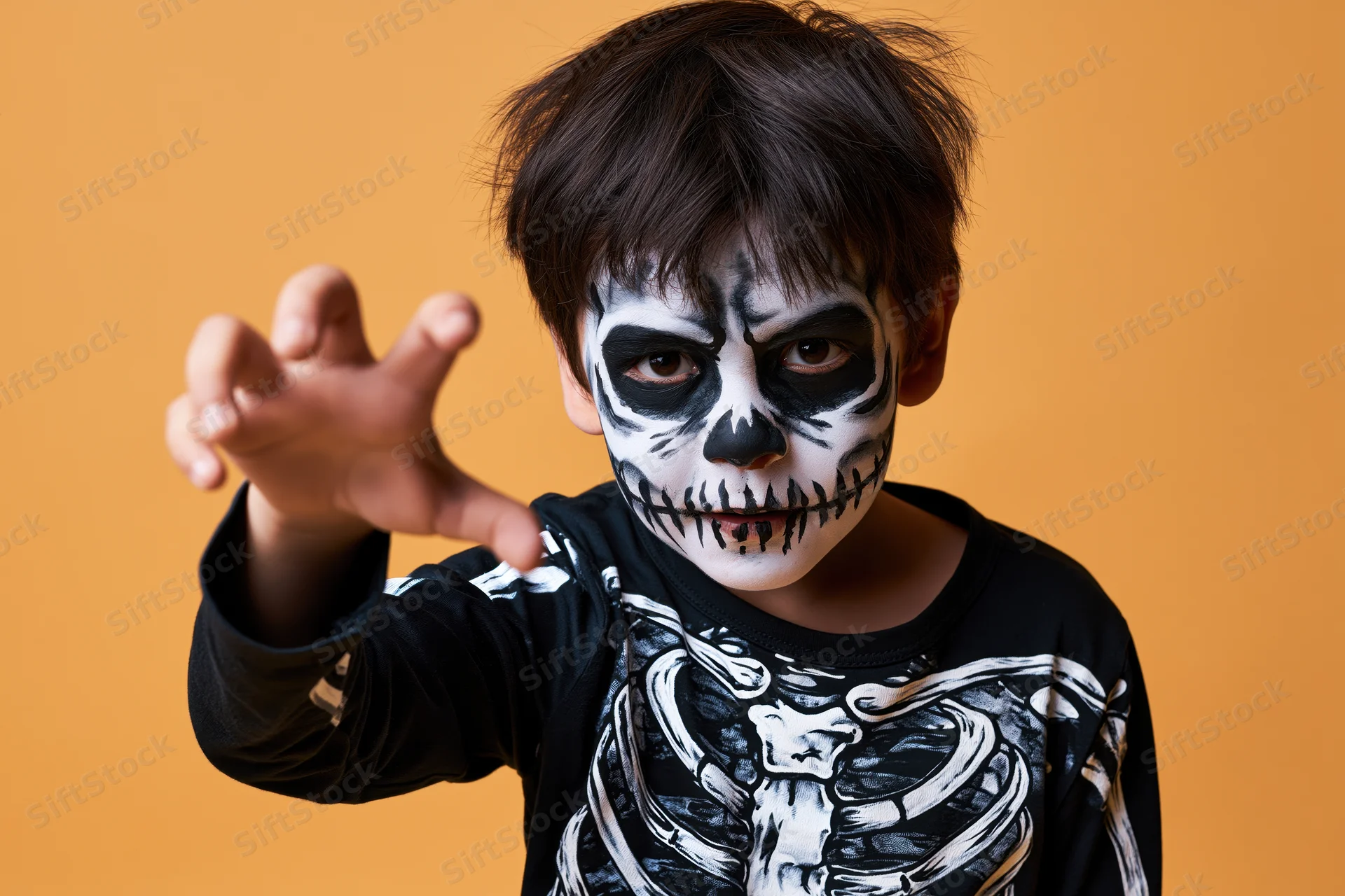 Young boy in skeleton costume making claw gesture against orange background