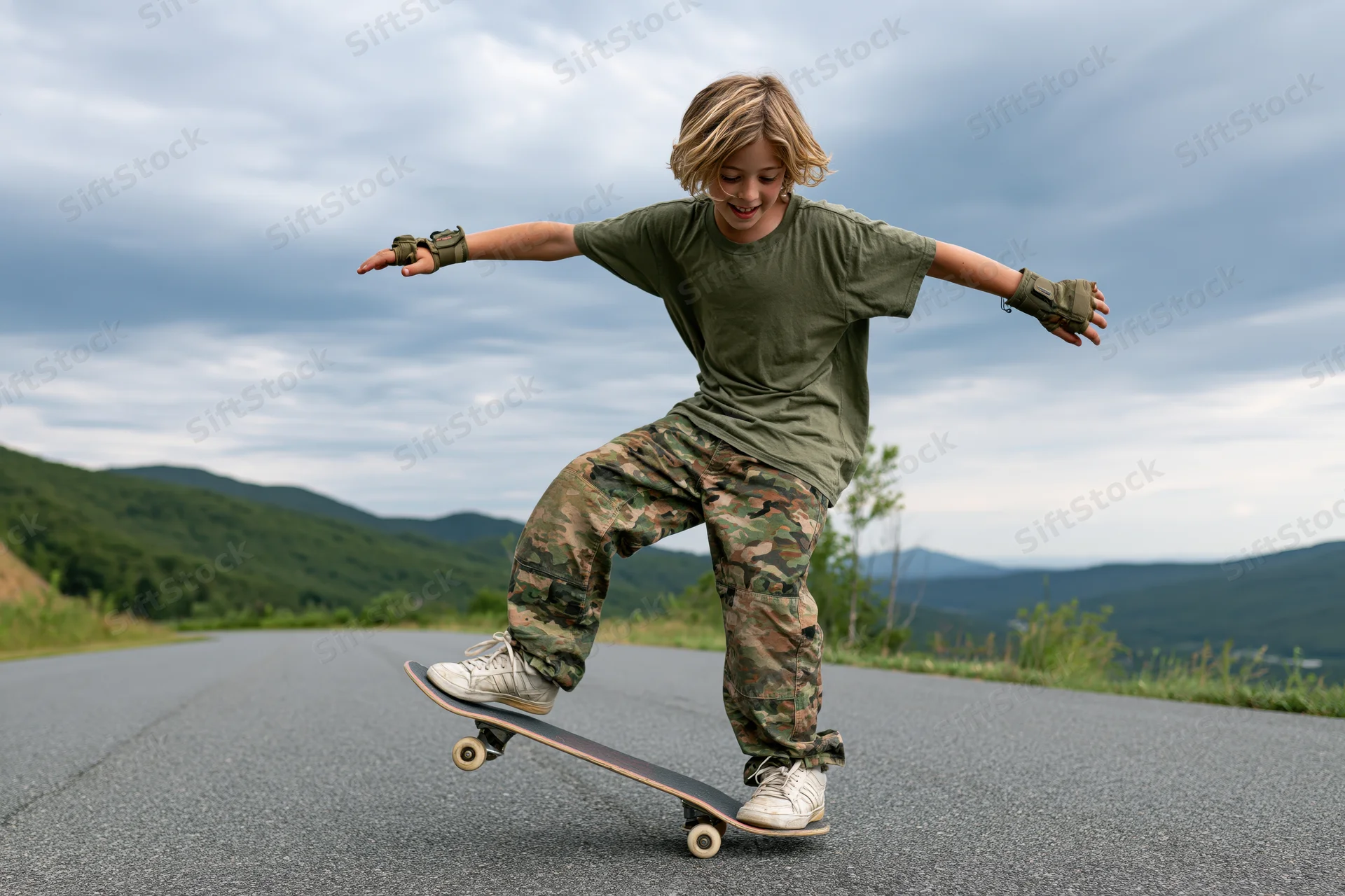 Boy performing skateboard trick on empty asphalt road with mountains in background