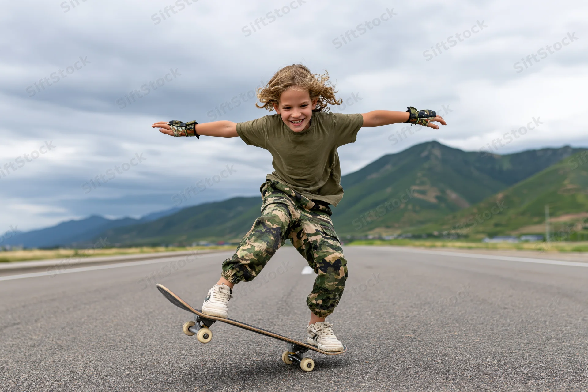 Boy performing skateboard trick on empty asphalt road with mountains in background