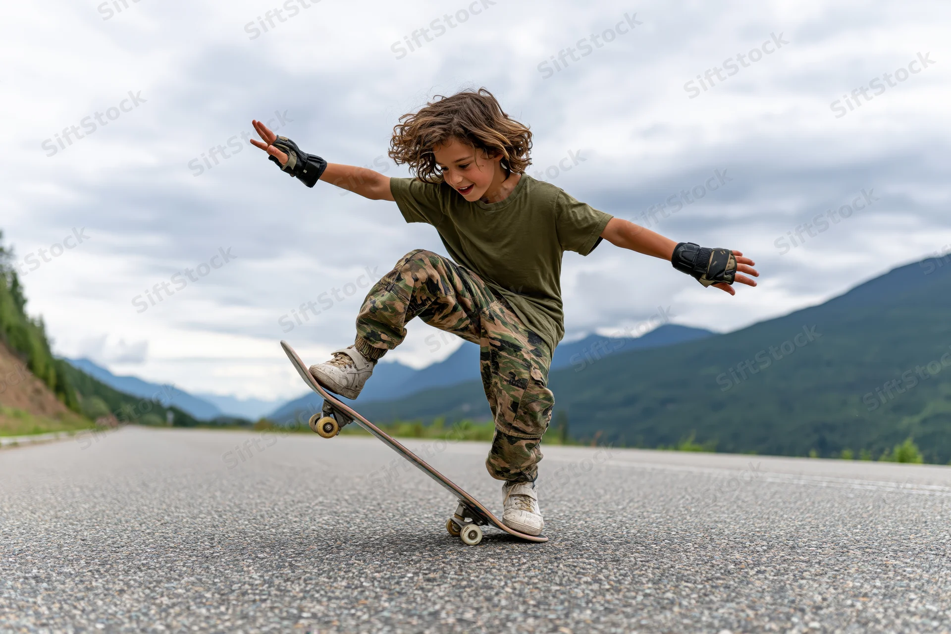 Boy performing skateboard trick on empty asphalt road with mountains in background