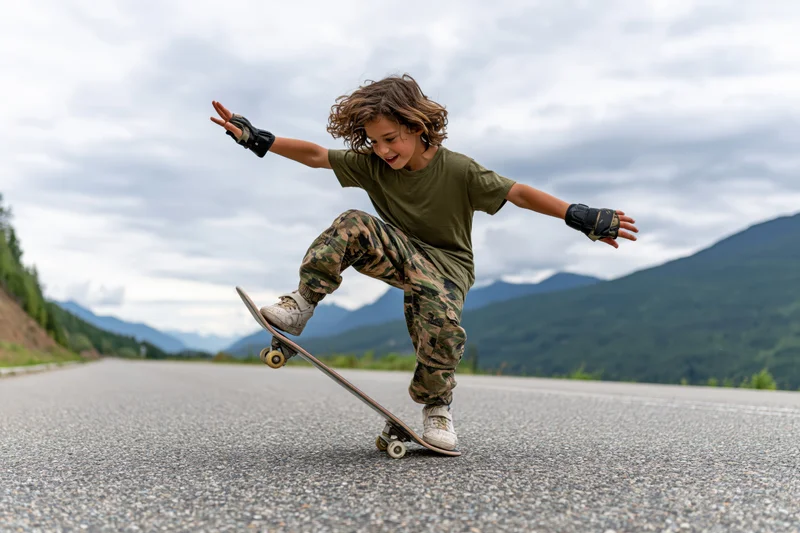 Boy performing skateboard trick on empty asphalt road with mountains in background