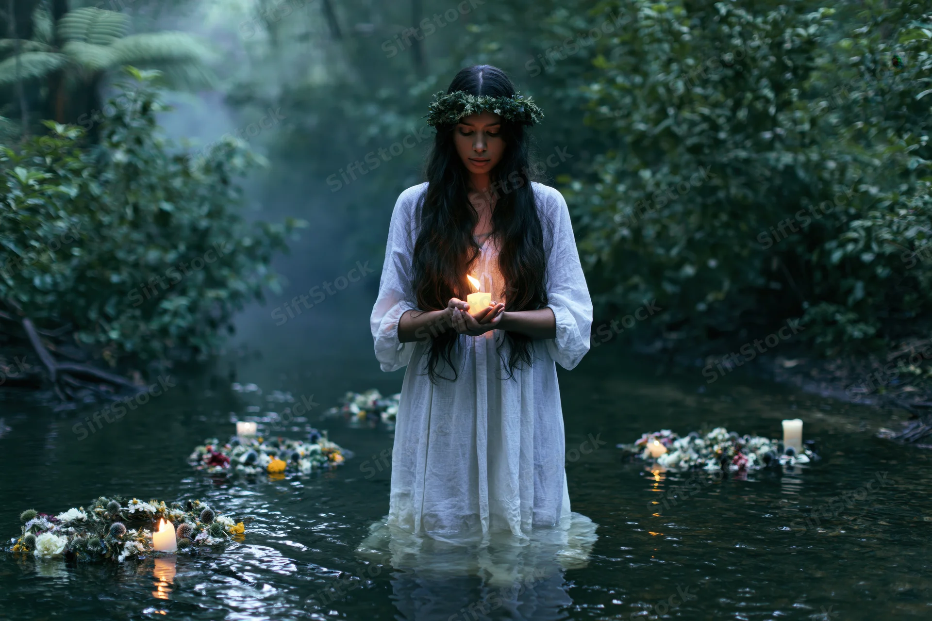 Woman in white dress holding candle while standing knee-deep in forest stream surrounded by floating floral arrangements with candles