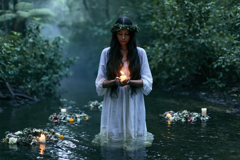 Woman in white dress holding candle while standing knee-deep in forest stream surrounded by floating floral arrangements with candles