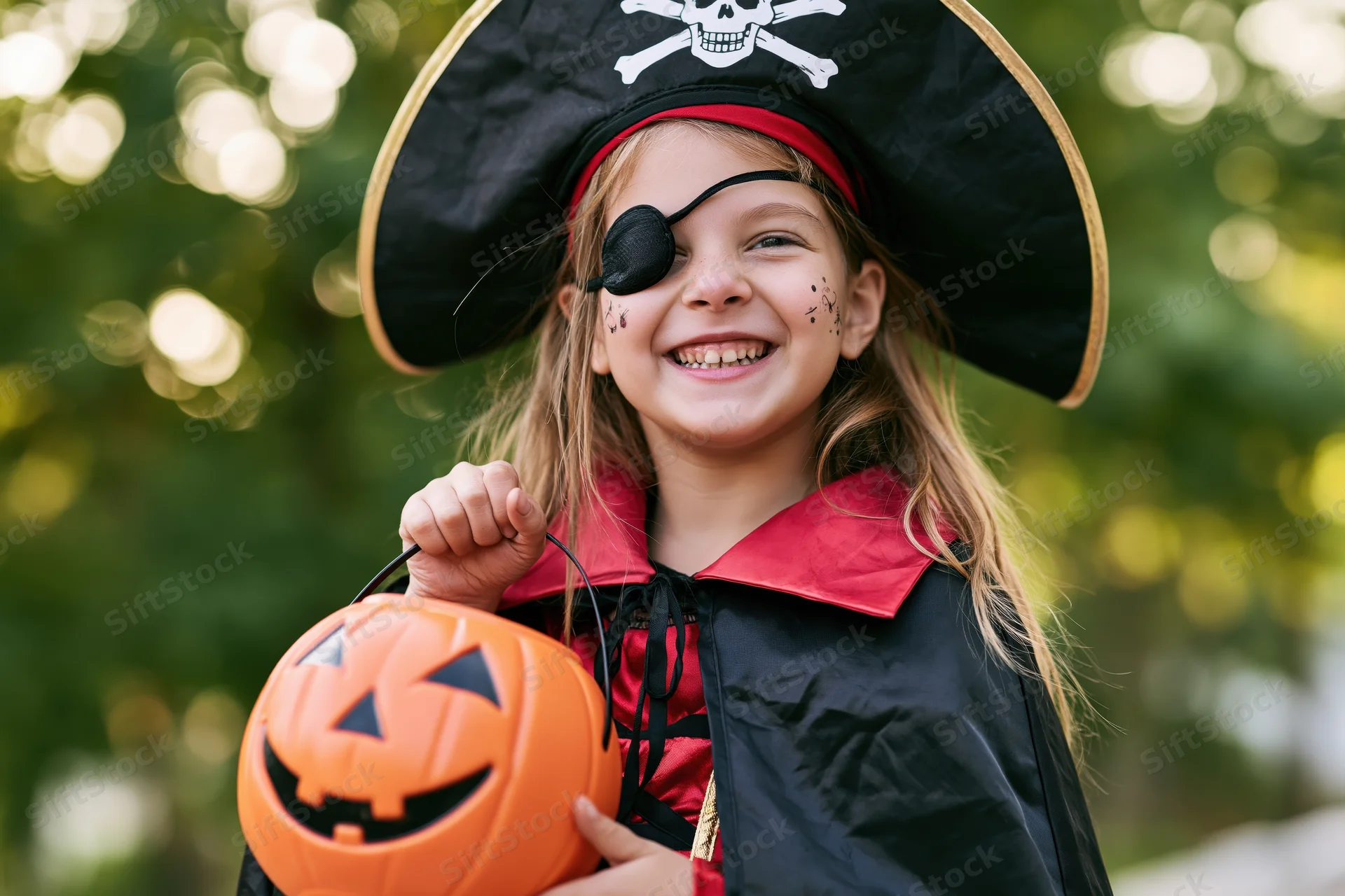 Young girl in pirate costume smiling while holding orange pumpkin bucket outdoors