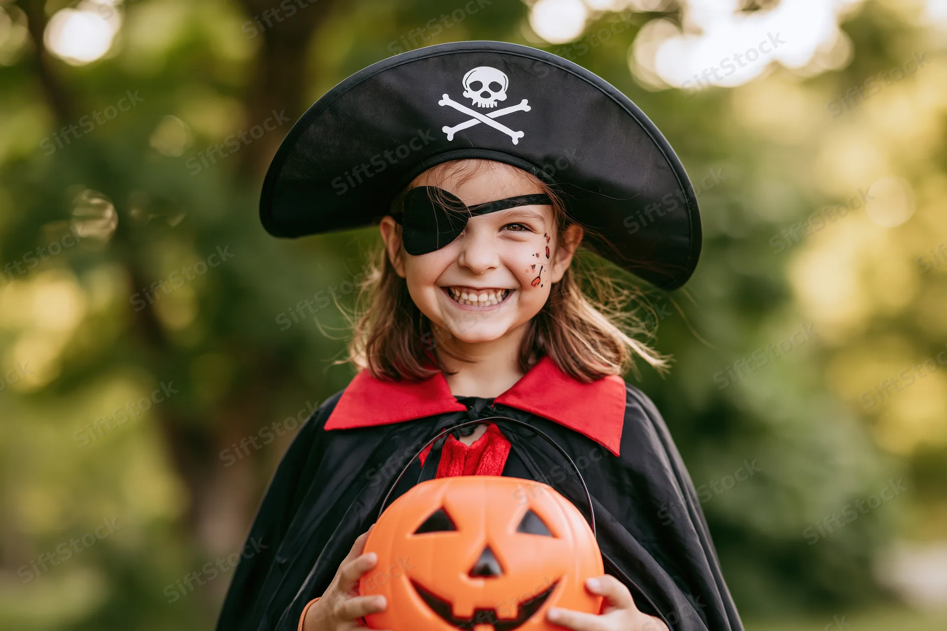 Young girl in pirate costume holding jack-o-lantern outdoors during halloween celebration