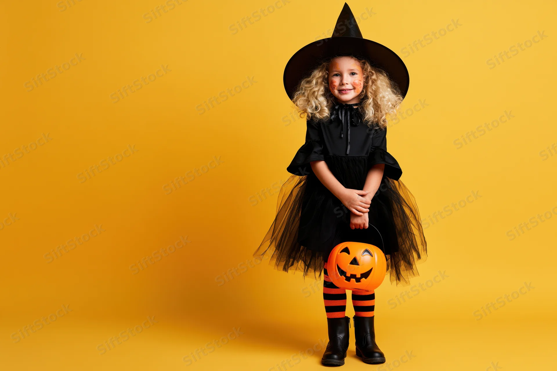 Young girl in witch costume holding pumpkin bucket smiling against yellow background