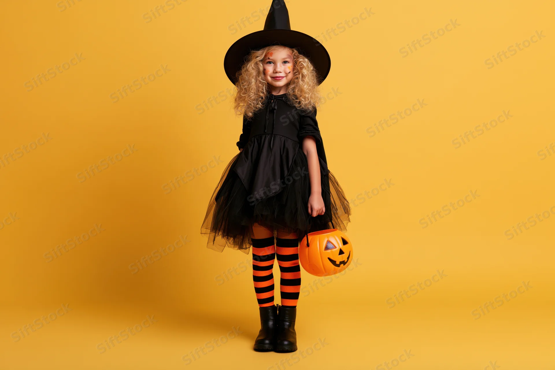 Young girl in witch costume holding pumpkin bucket against yellow background