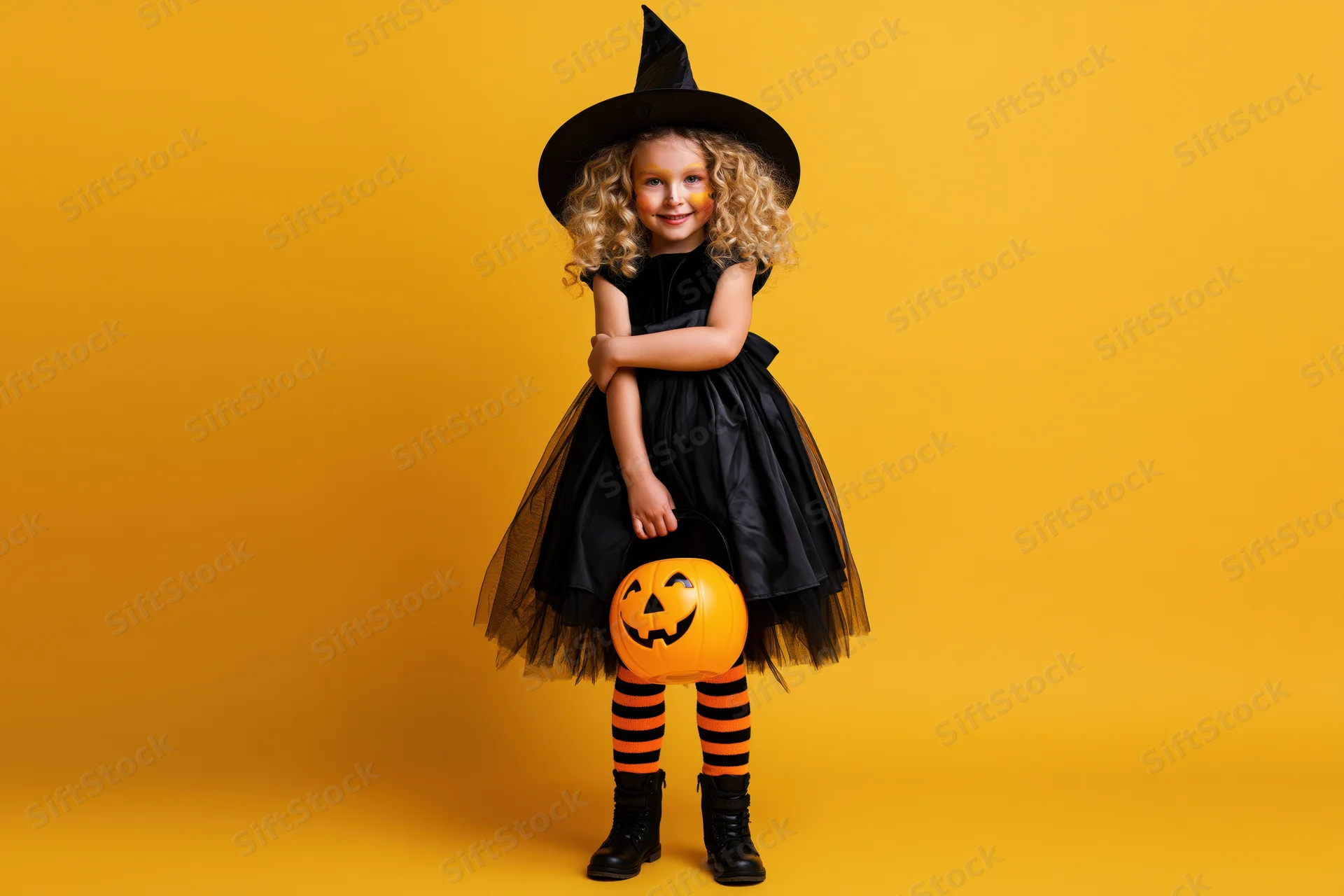 Young girl in witch costume holding pumpkin bucket against orange background