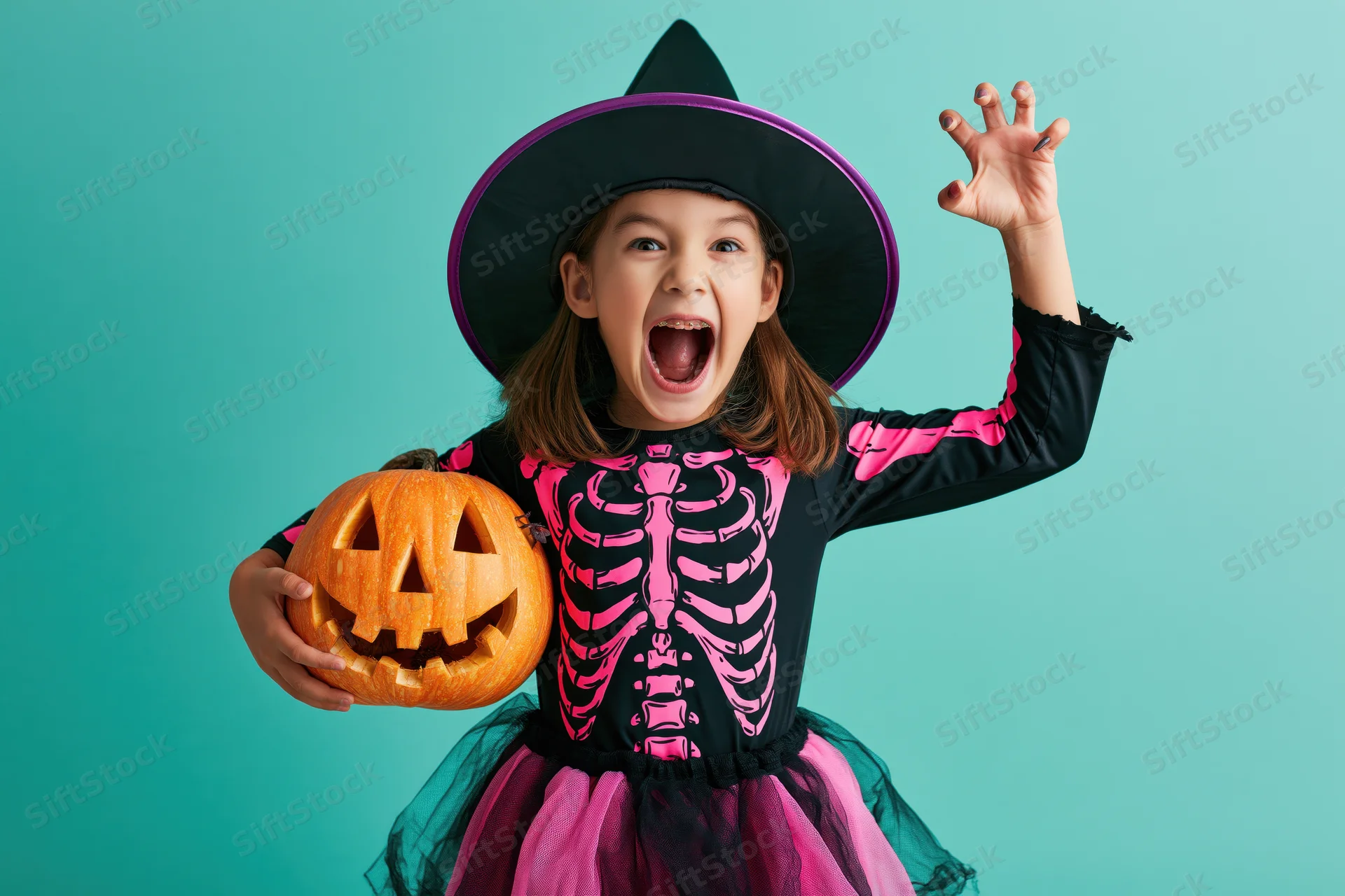 Young girl in witch and skeleton costume holding carved pumpkin, waving, against teal background
