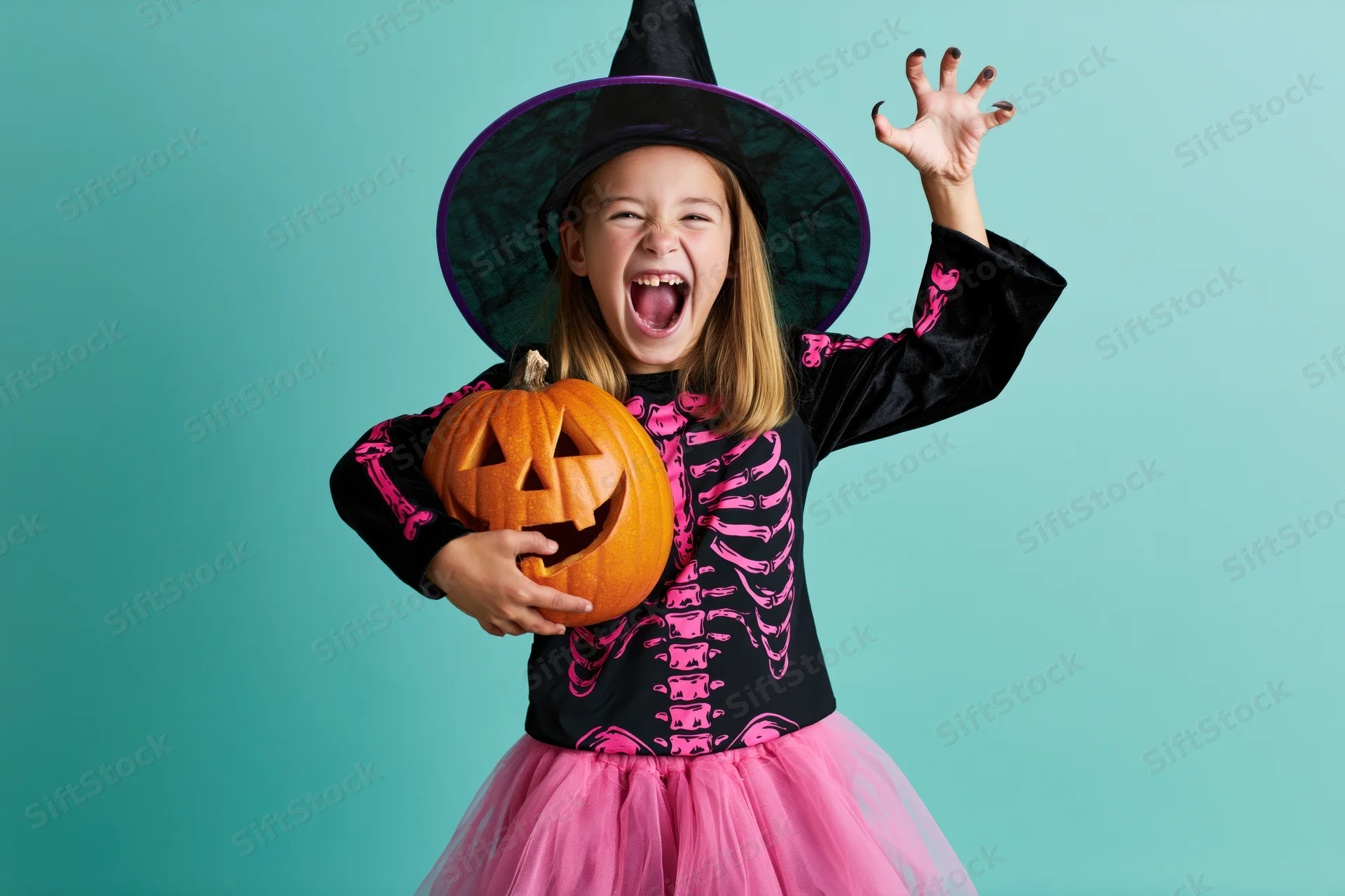 Young girl in witch costume holding carved pumpkin, smiling widely against teal background