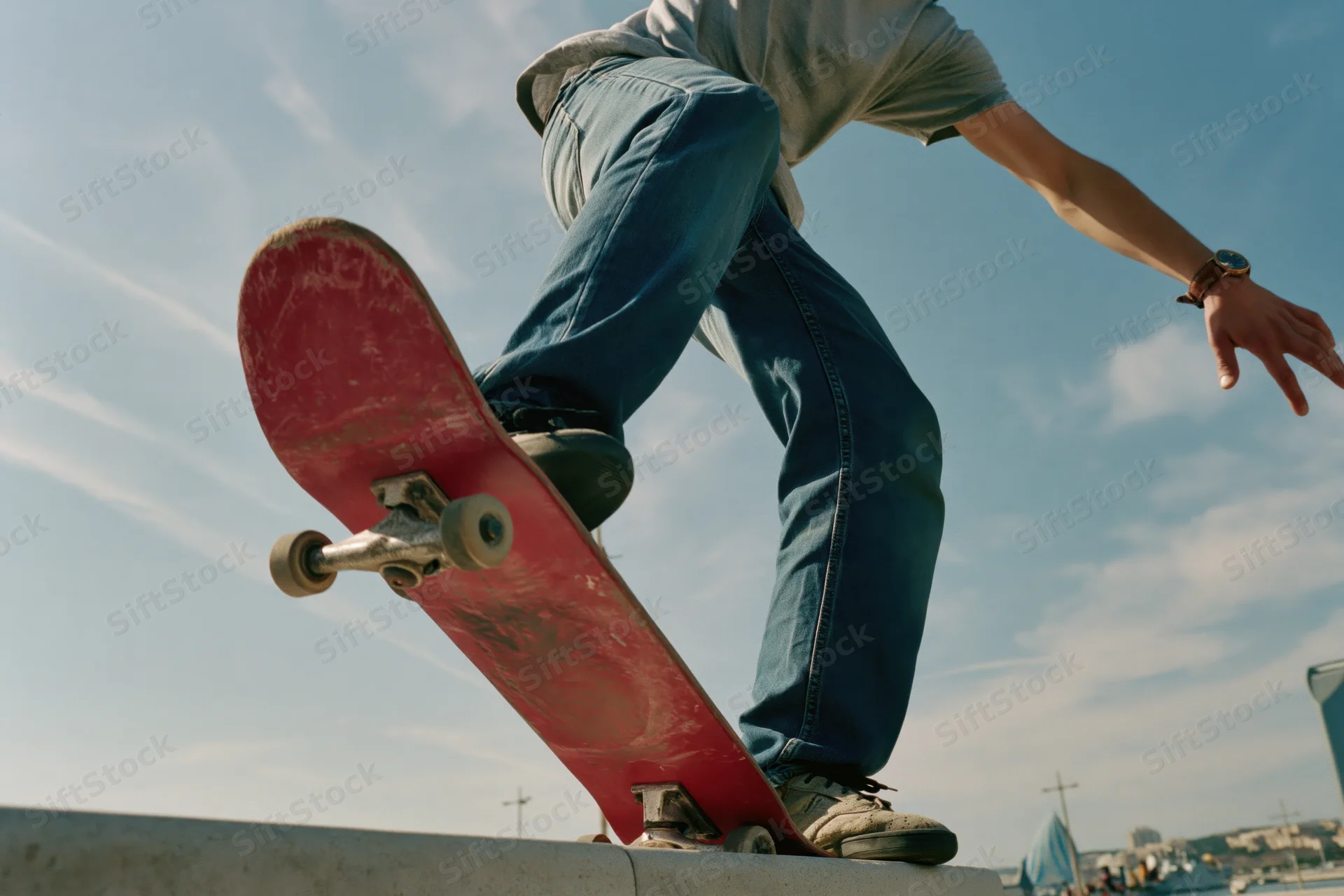 Young male skateboarder performing trick on concrete ledge outdoors