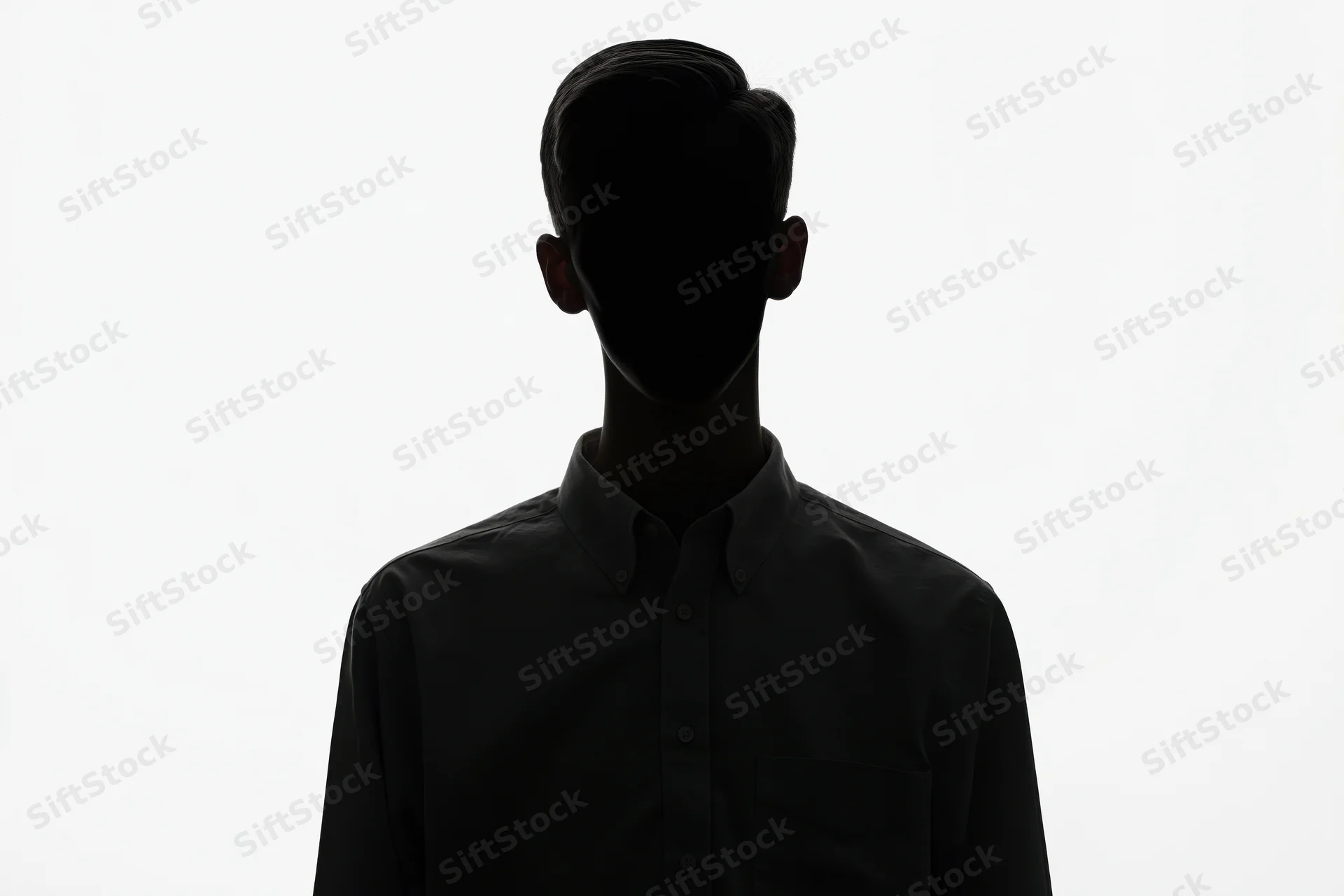 Silhouette of a young man standing still in shadow against white background wearing a dark button-up shirt