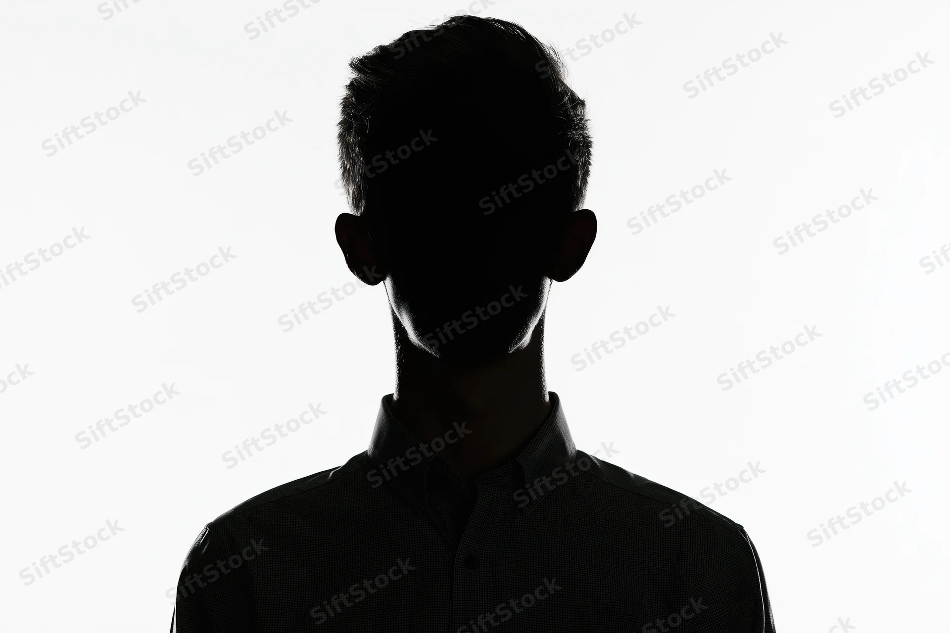 Silhouette of a young man in a collared shirt against white background