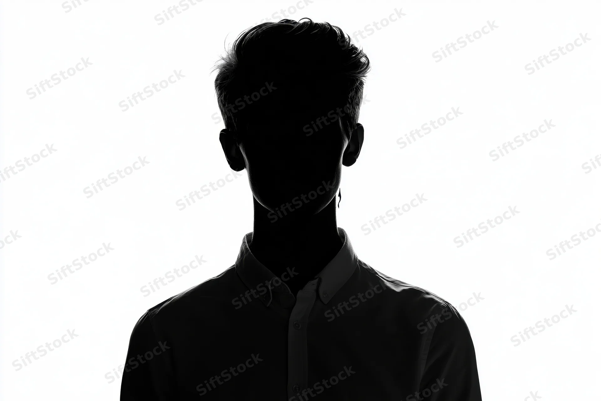 Silhouette of a young man in a collared shirt standing still against white background