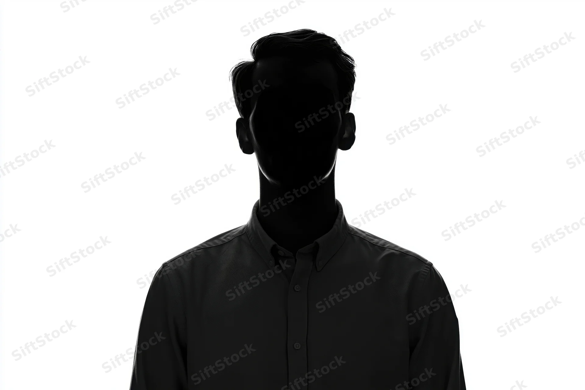 Silhouette of a young man with face in shadow wearing a black collared shirt against white background