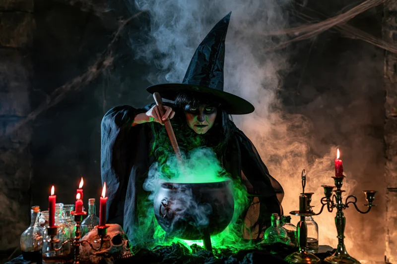 Young woman in witch costume stirring glowing green potion in cauldron at stone table with candles and cobwebs