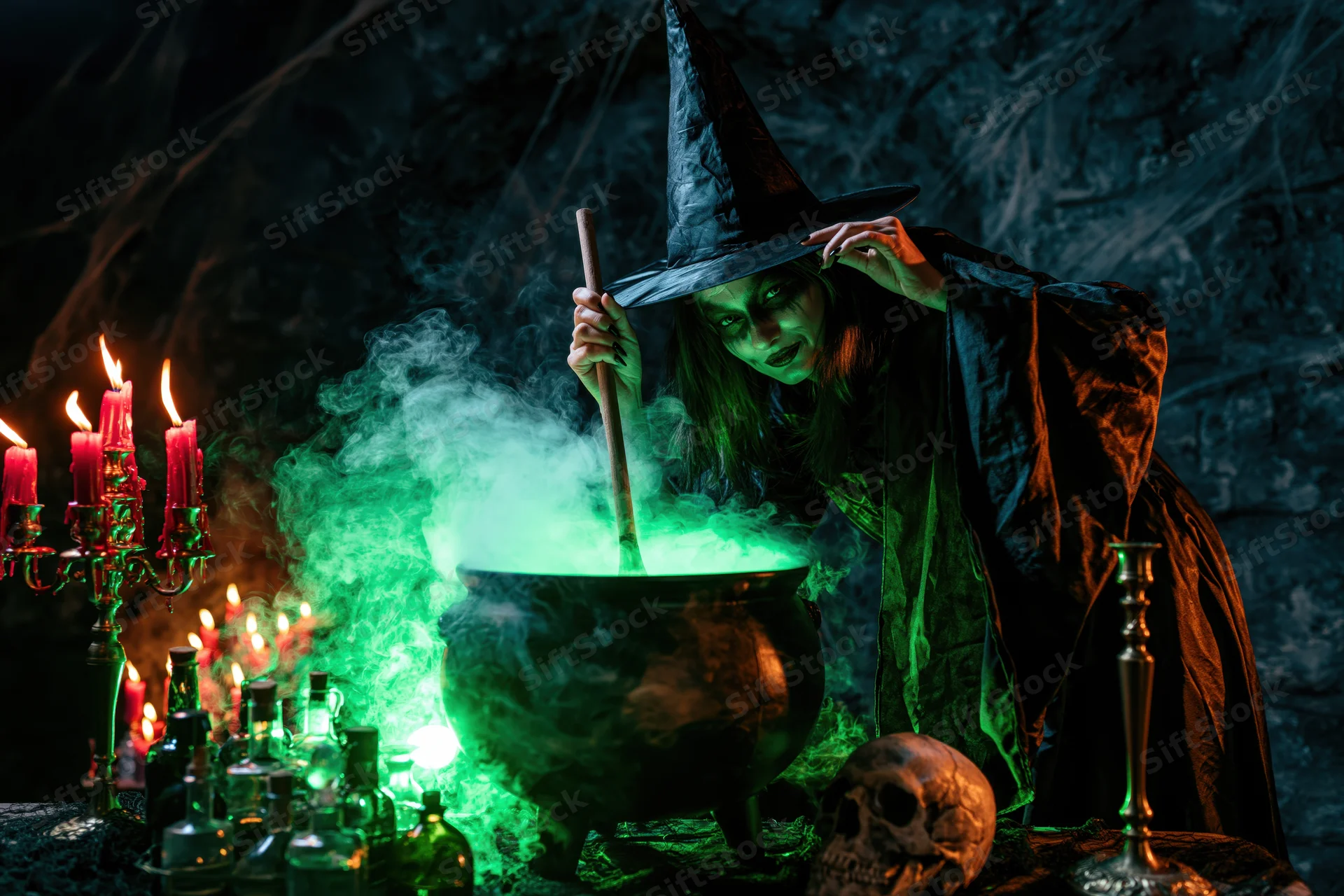 Young woman in witch costume stirring a glowing green potion in a cauldron in a dark cave setting