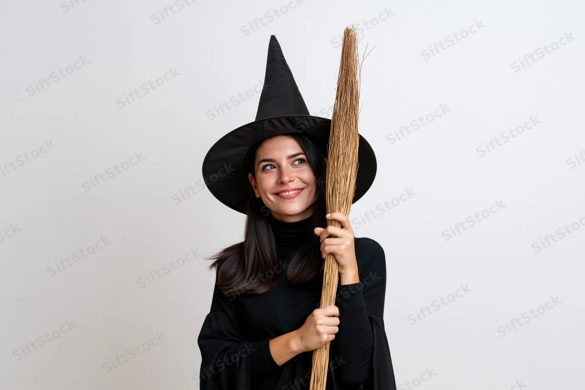 Woman in witch costume holding straw broom against white background smiling