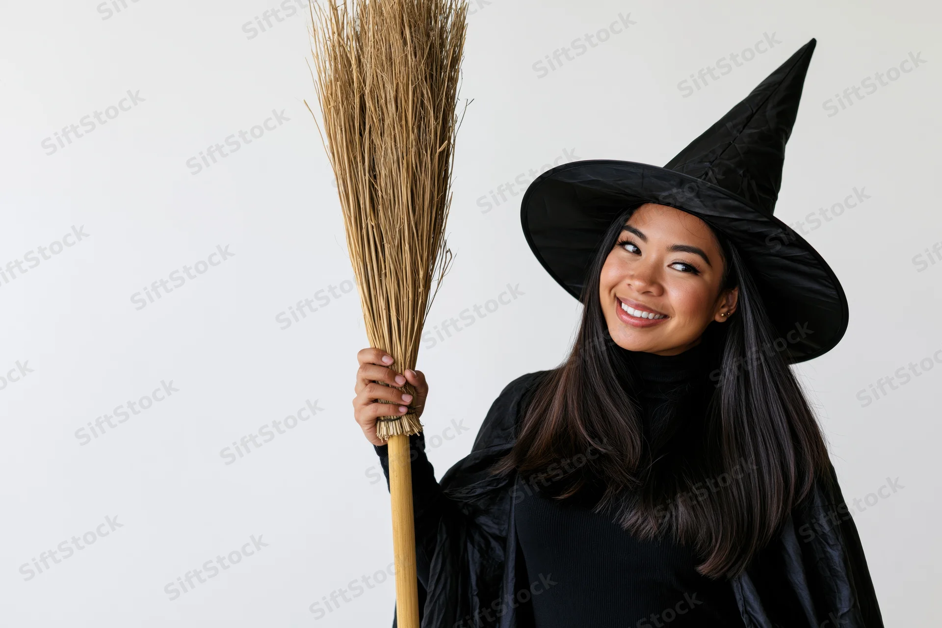 Young woman in witch costume holding straw broom, smiling, studio portrait with white background and copyspace