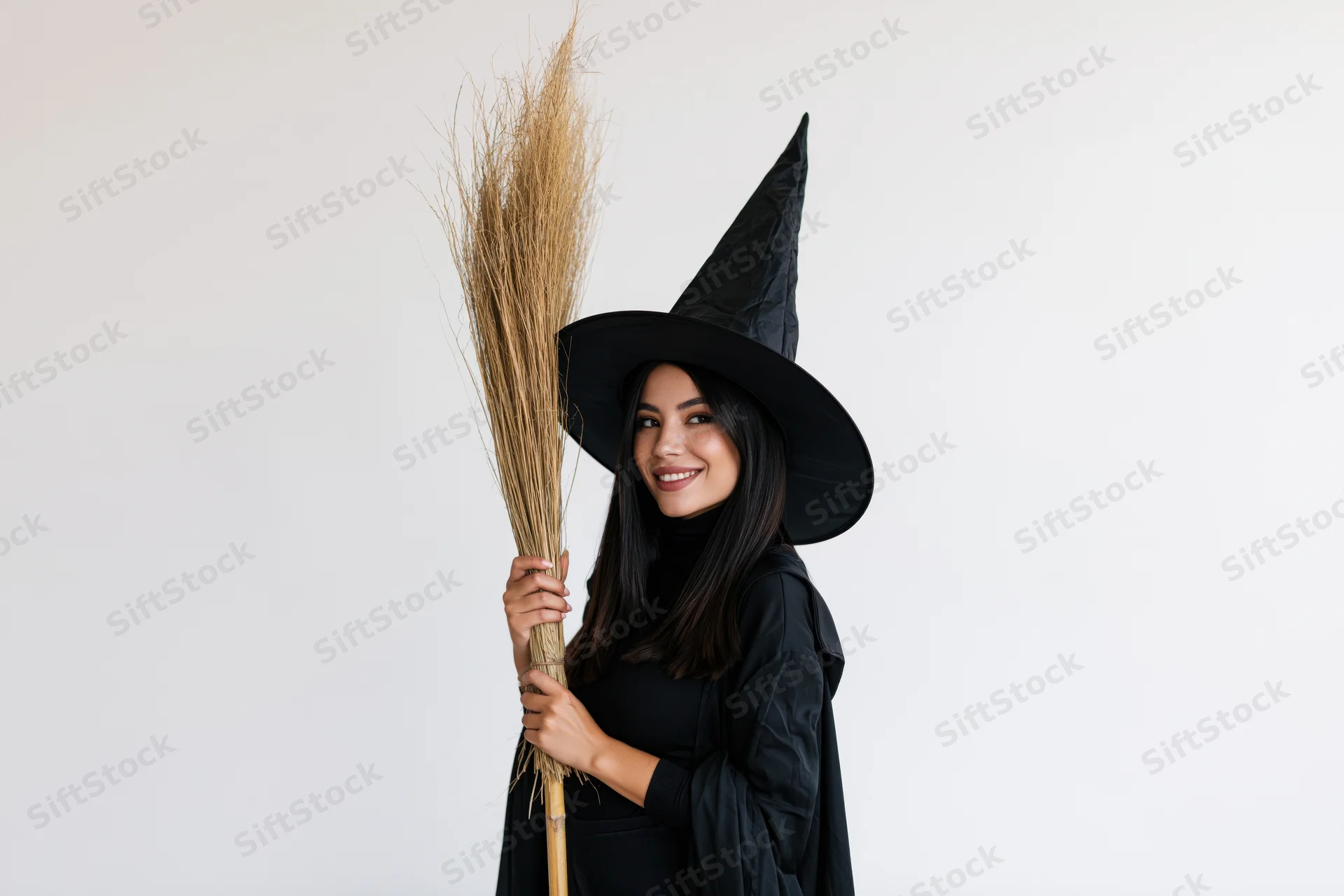 Young woman in witch costume holding straw broom, smiling, indoors against white background