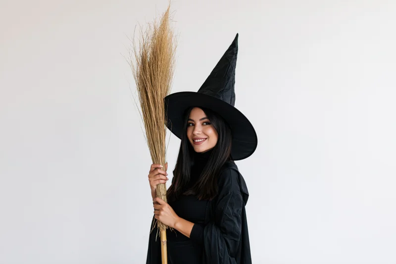 Young woman in witch costume holding straw broom, smiling, indoors against white background