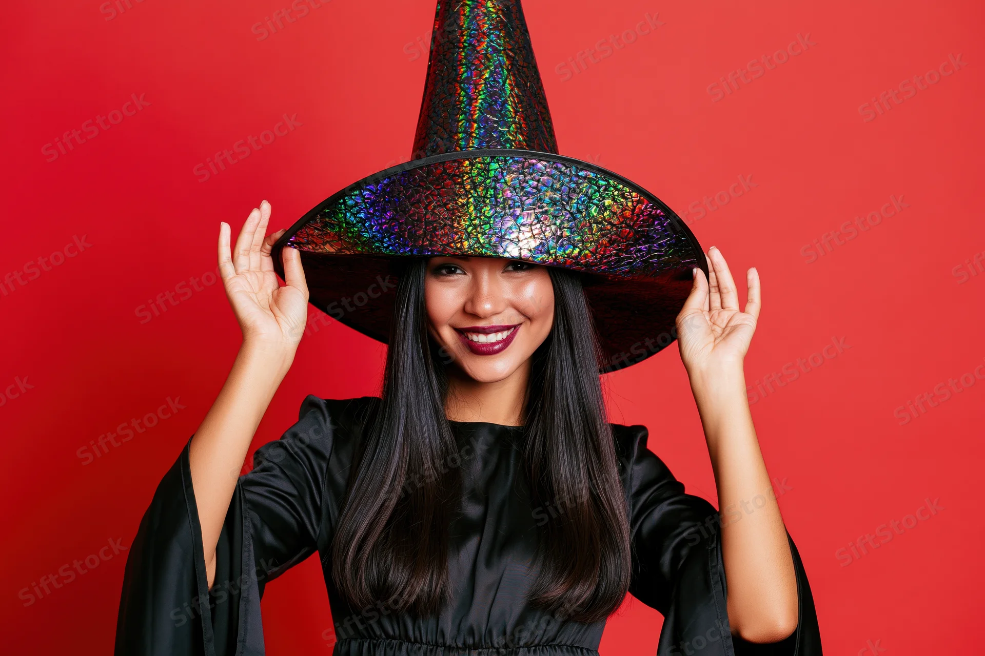 Woman in witch costume holding hat against red background
