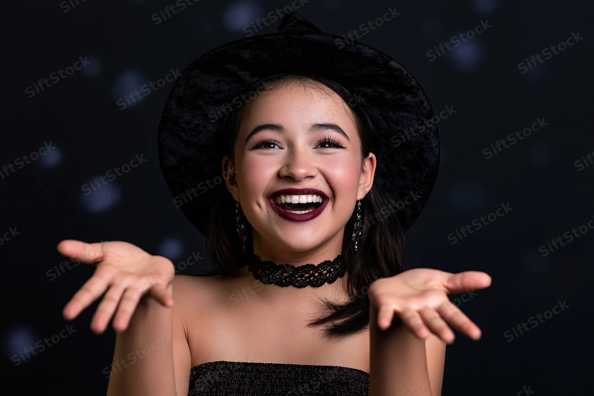 Young woman in witch costume smiling with open hands against dark bokeh background