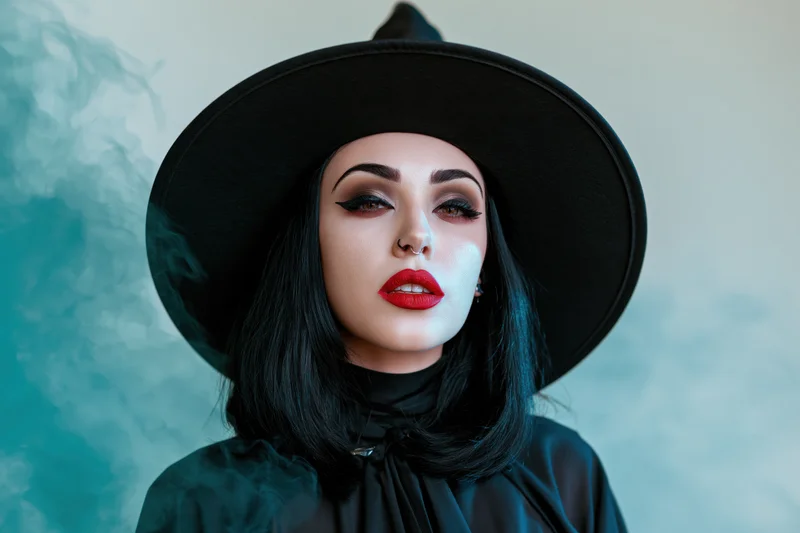 Young woman in a wide-brim black witch hat with dramatic makeup and red lips, surrounded by blue smoke in a studio setting