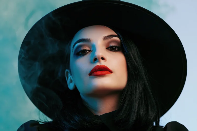 Young woman in wide-brim black witch hat looking directly at camera with dramatic makeup and red lips in studio setting