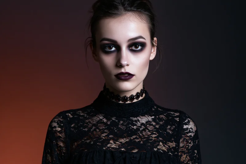 Woman in gothic vampire costume with dark makeup and lace top staring intensely in studio portrait