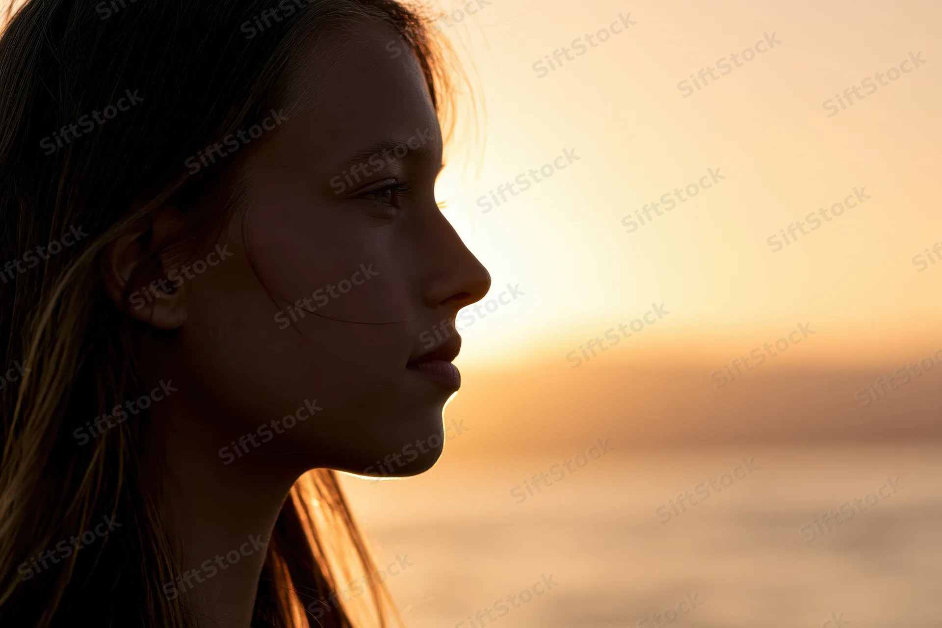 Young woman in side profile gazing forward at sunset over ocean
